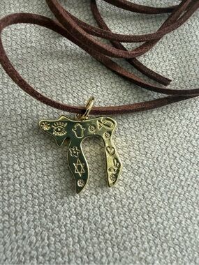 18K Real Gold Plated Chai Hebrew Letter Symbol Pendant on Brown Suede Cord